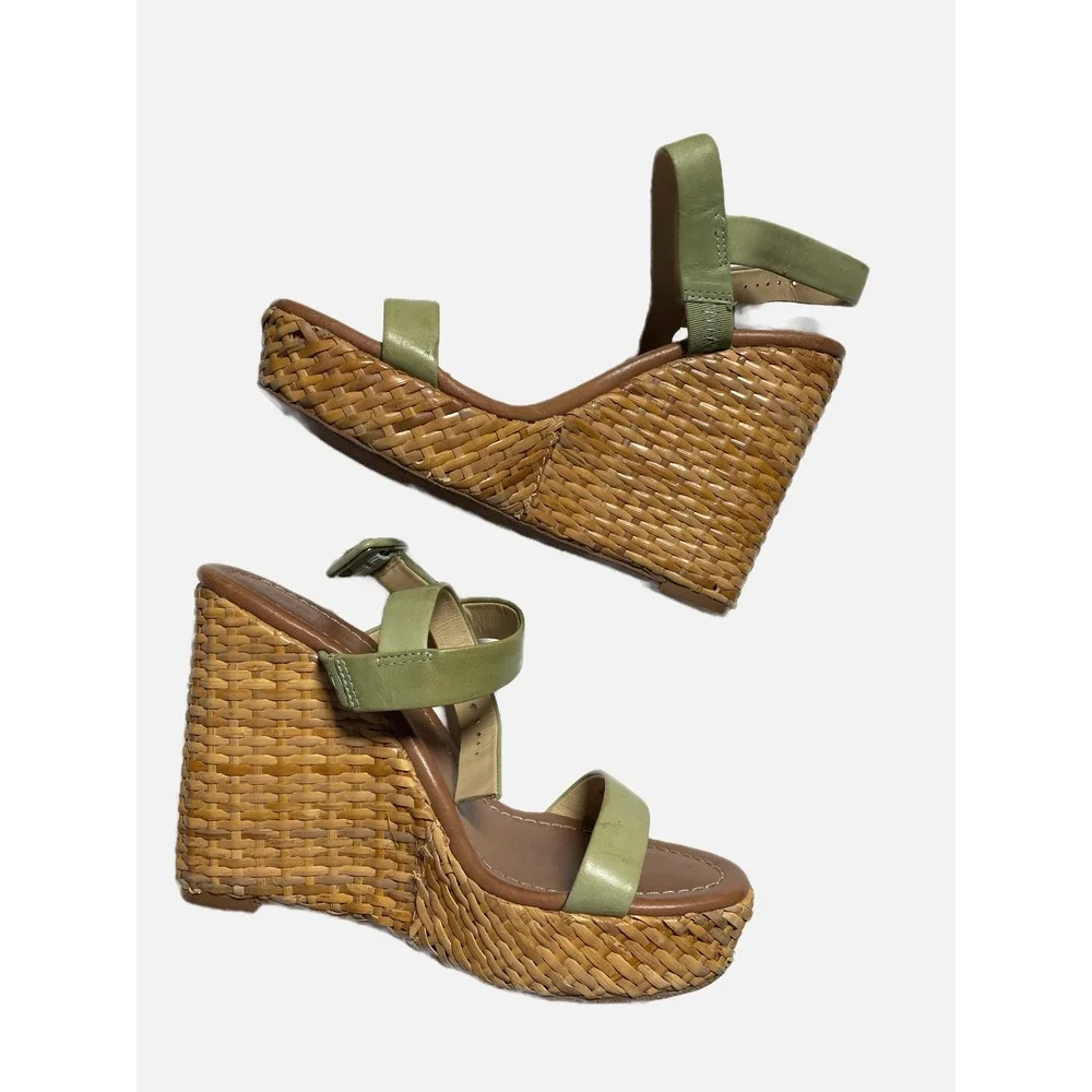 Kate Spade Wedge Sandals Womens 8.5 Green Woven Straw Platform Boho Summer Shoes